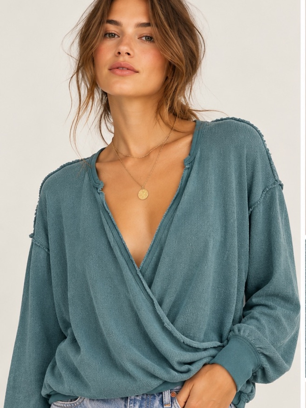 Free People We The Free Any Way Tee Long Sleeve Sweater in Deep Teal Size S